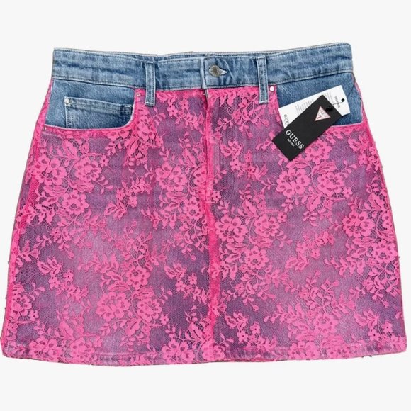 Guess Dresses & Skirts - GUESS Women's Fuchsia/Pink Lace Mini Denim Skirt (Barbiecore)